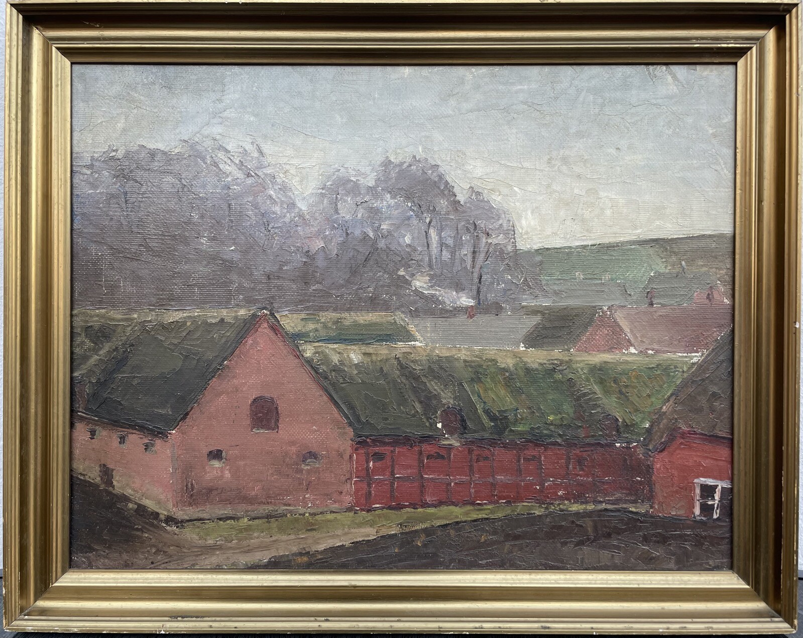 Impressionist Landscape With Farm Barn Field Oil Painting Dated 1933