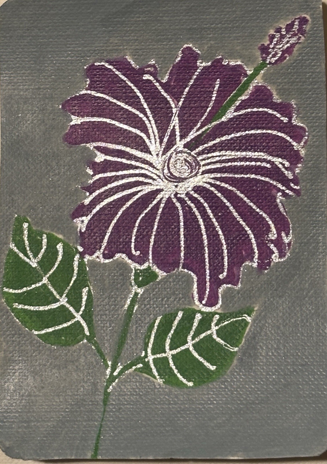 Original ACEO Purple Flower Floral Acrylic Painting OOAK Miniature Botanical ART