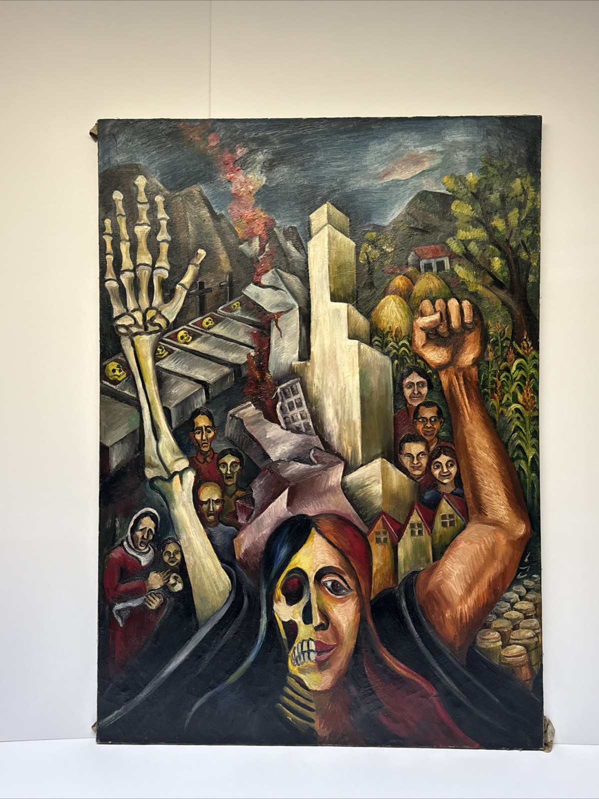 Antique Wpa Painting Holocaust WW2 WW3 Large Expressionist Sylvia Ludins 1940’s