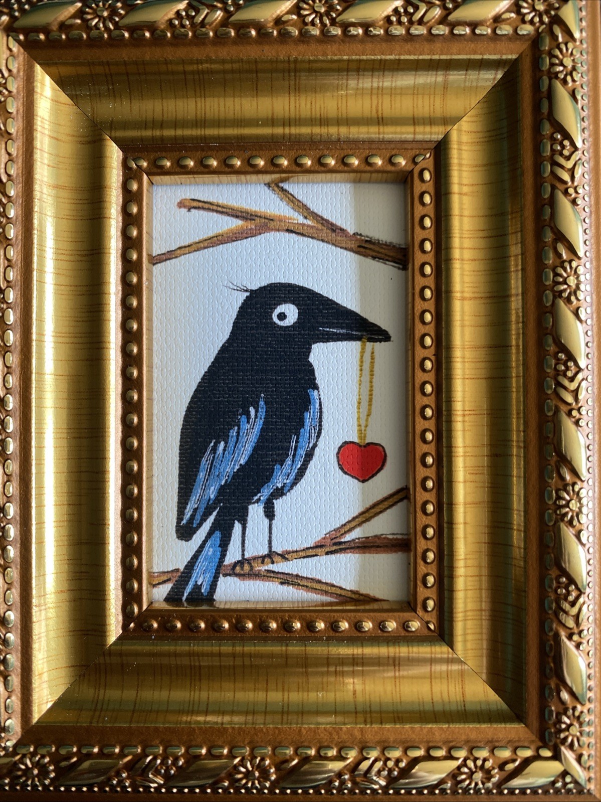 Print Whimsical Magpie Love Heart Valentine Day Painting framed,gold,miniature