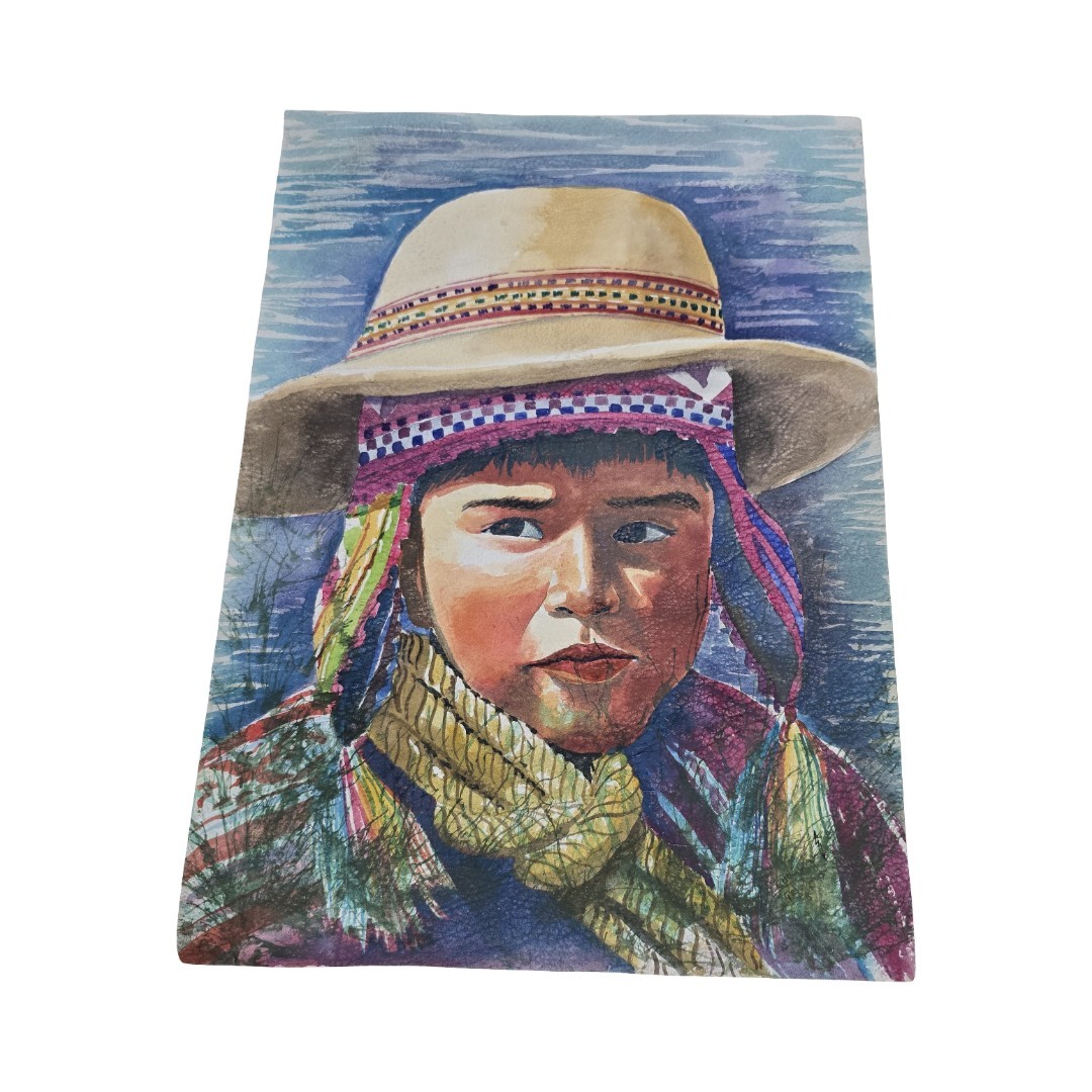 Peruvian Folk Art Watercolor Painting Child Portrait Vintage Ethnic Art