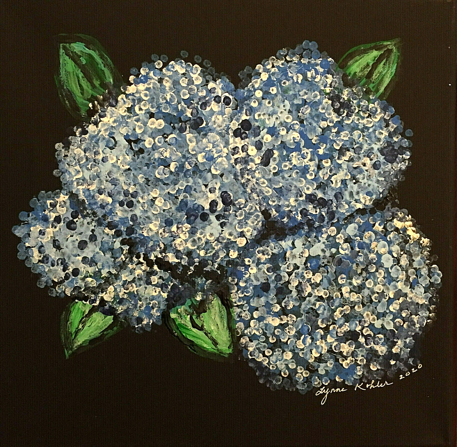 Original painting blue flowers on black 12×12″ CANVAS by Lynne Kohler