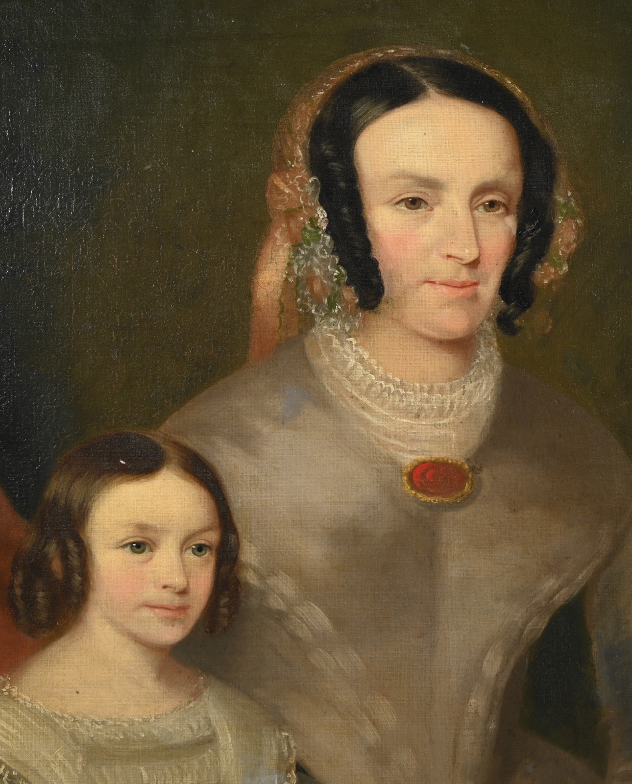 Naive Style Antique 19th Century Double Portrait Oil On Canvas Painting