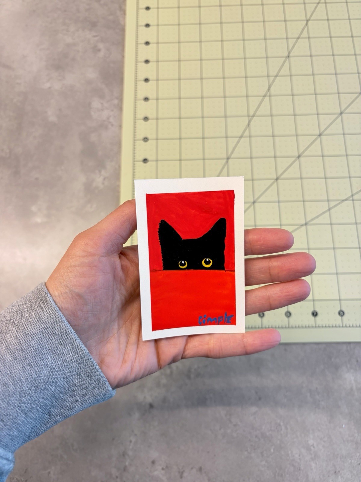 ACEO One of A Kind Black & Red Cat portrait Mixed Media Painting 3.5×2.5 #03