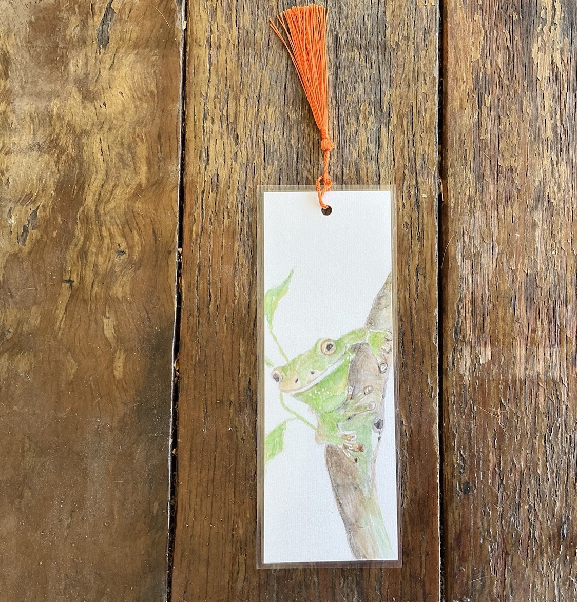 Bookmark By Kenna Tree Frog Painting 7cm X 20cm With Green Tassel