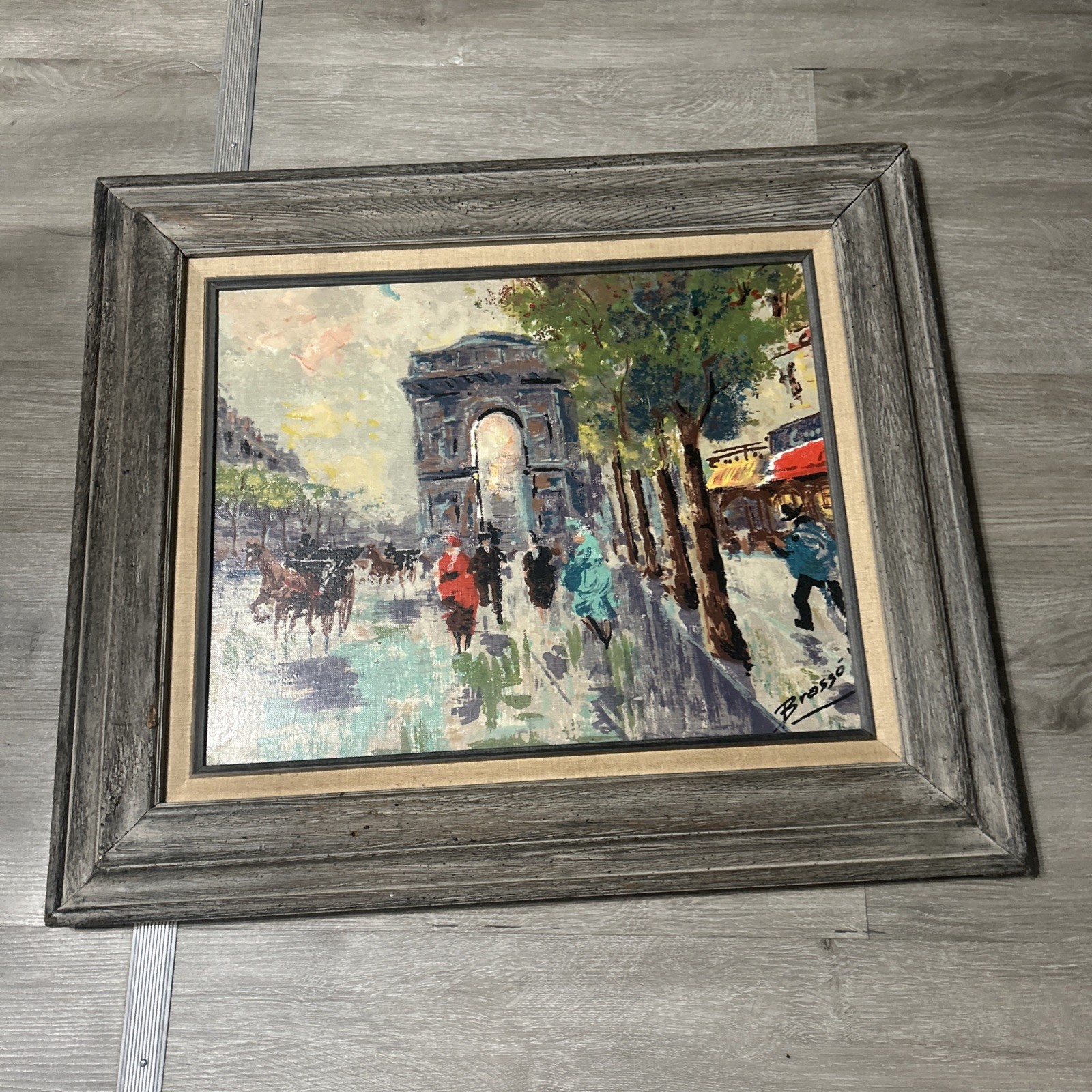 Signed Brasso, Vintage Oil on Canvas Painting Busy Paris Street Scene, Framed