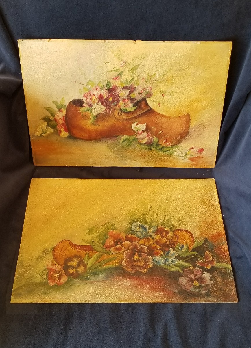 Antique Pair of Dutch Folk Acrilic Paintings on Cardboard Panel