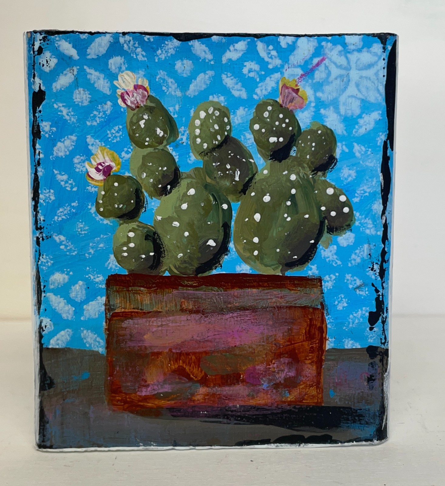 Mary Myers Original Art Block Flowering Cactus Reclaimed Wood