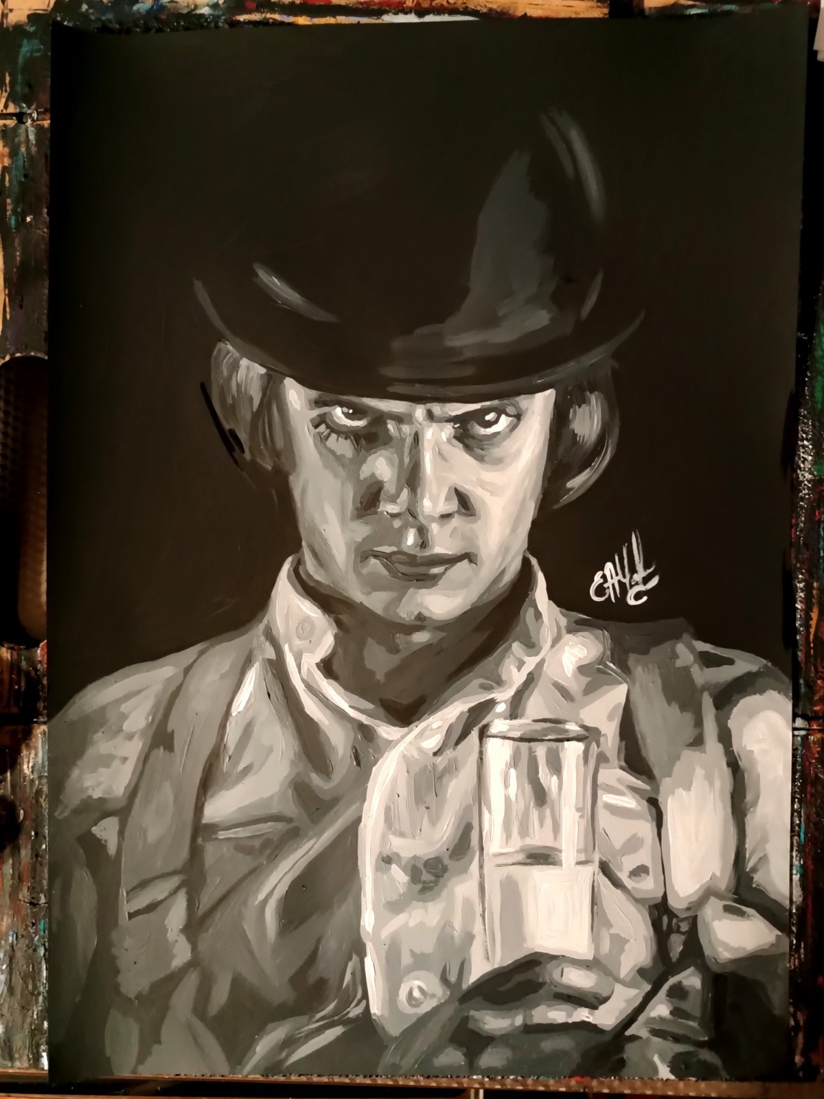 portrait of Alex DeLarge, clockwork orange , paper, acrylic, handmade