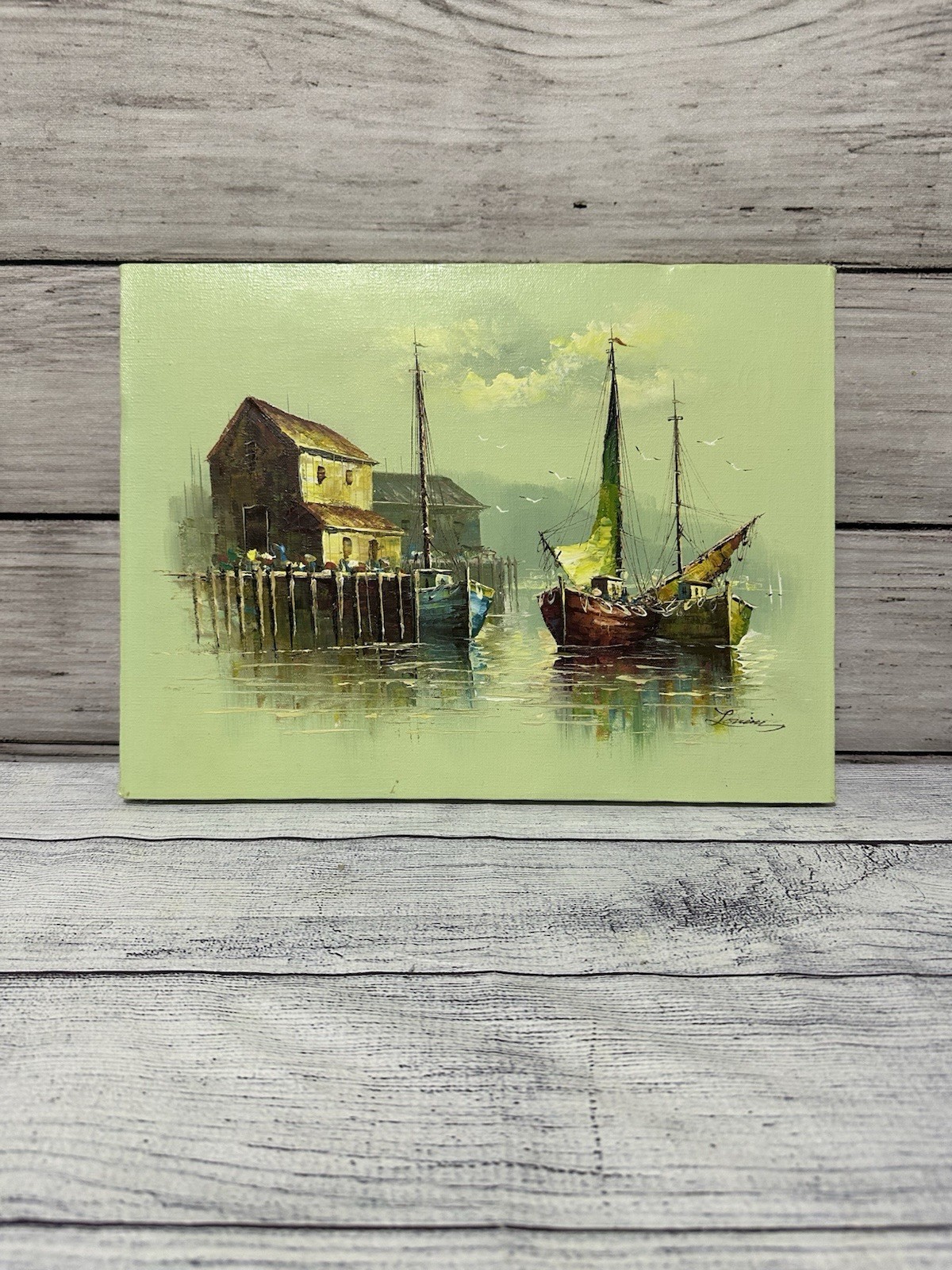 Vintage Fishing Boats Oil Painting Artist Signed 16” X 12”