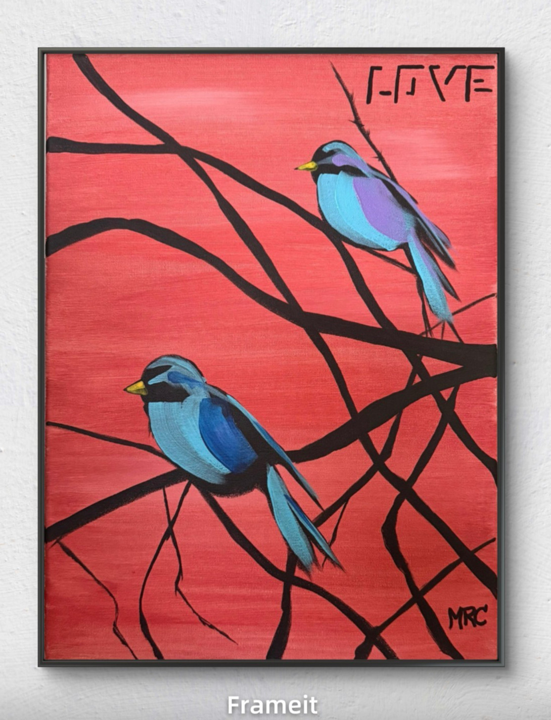 Original Acrylic «Love» Birds 12×16 Painting Red Wall Art Ready to Hang Canvas