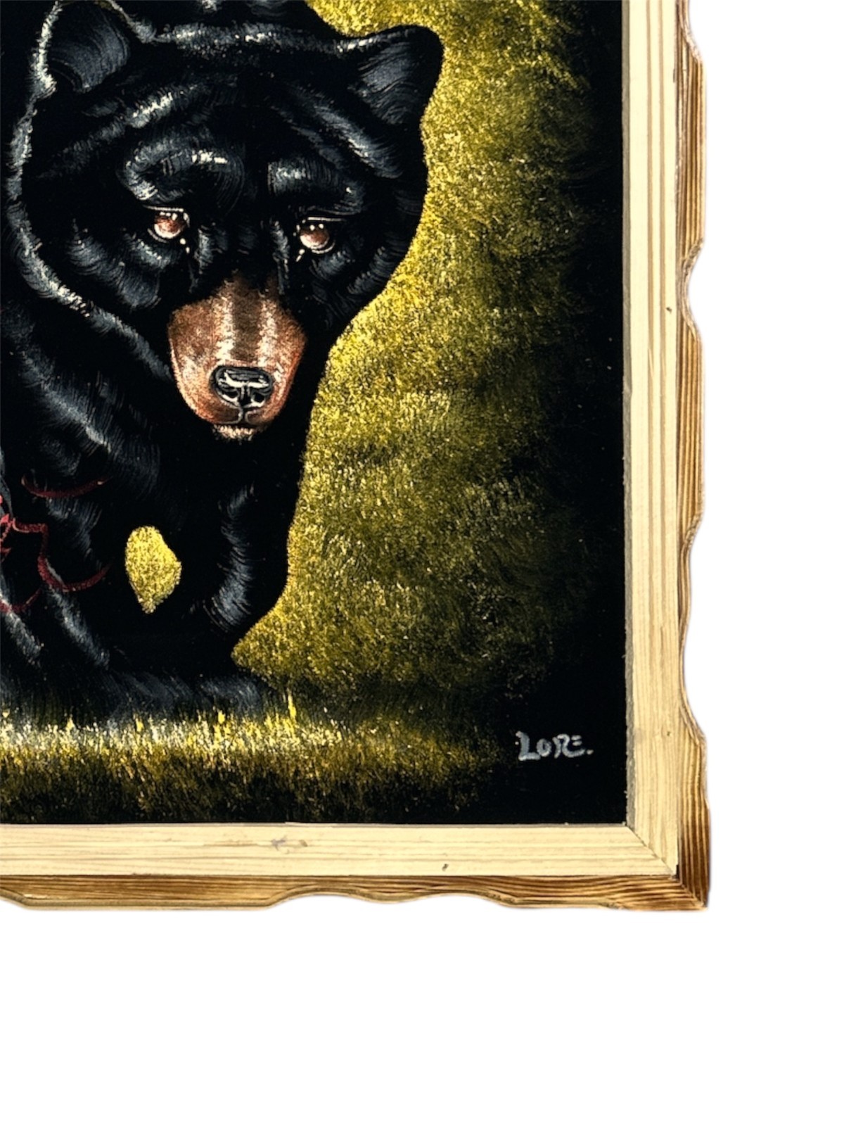BLACK BEAR , 18″X 22″ HAND PAINTED,VELVET PAINTING , VINTAGE , WOOD FRAME , NEW