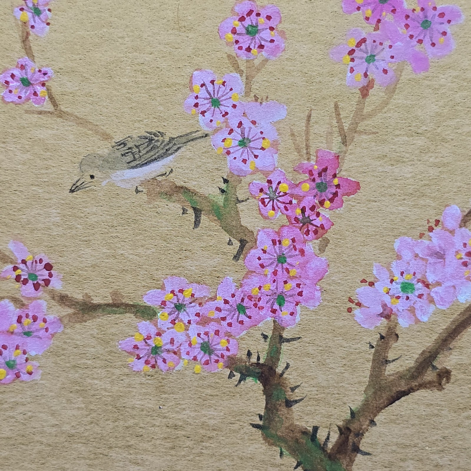 Vtg 3 Original Panel Cherry Blossoms & Birds Watercolor Paintings Framed