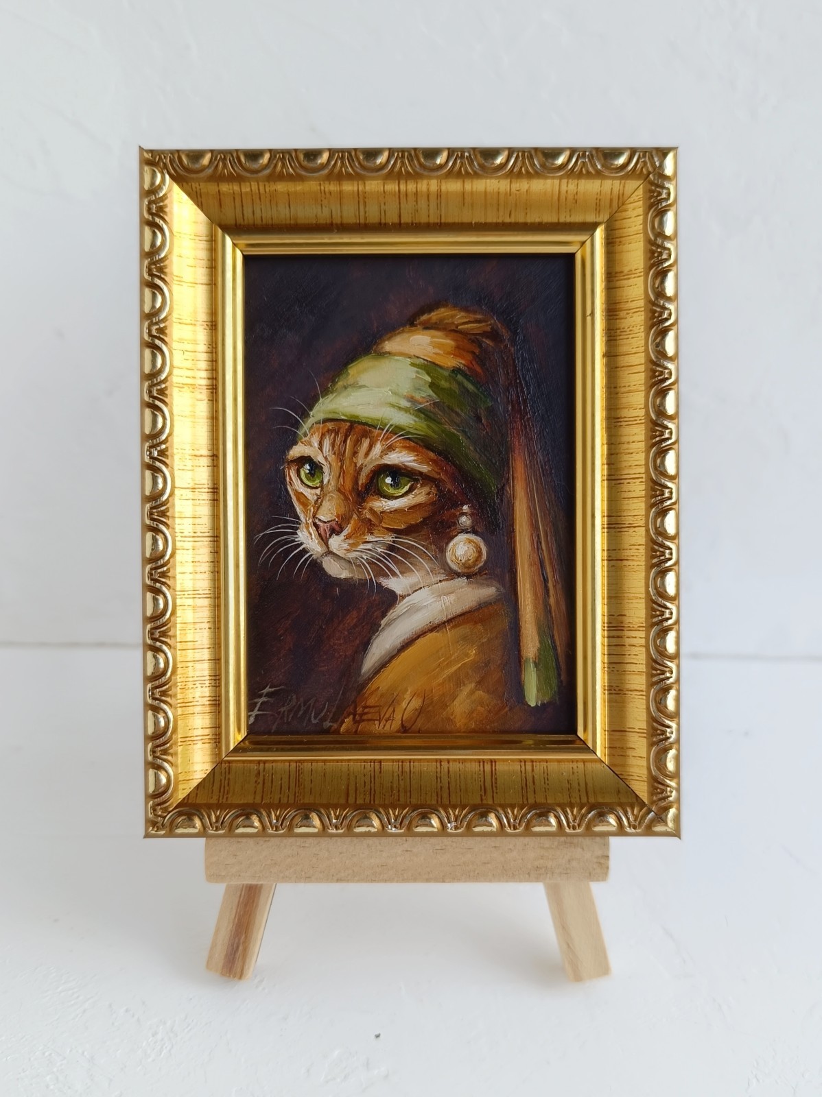 ACEO Cat with Pearl Earring Oil Painting Framed Original Artwork 2.5×3.5 in