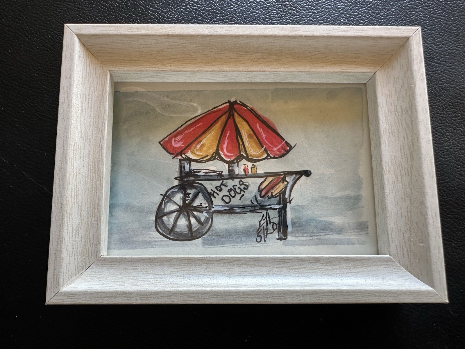 Mini “Hot Dog Cart ” Original Watercolor (Farm Stand Collection ) White Frame