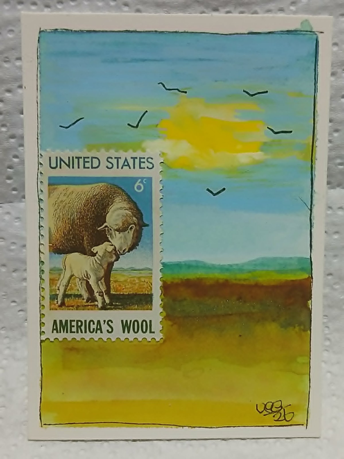 ACEO OOAK Sheep Landscape – 6¢ Wool Stamp Collage – Postal Whimsy Minis