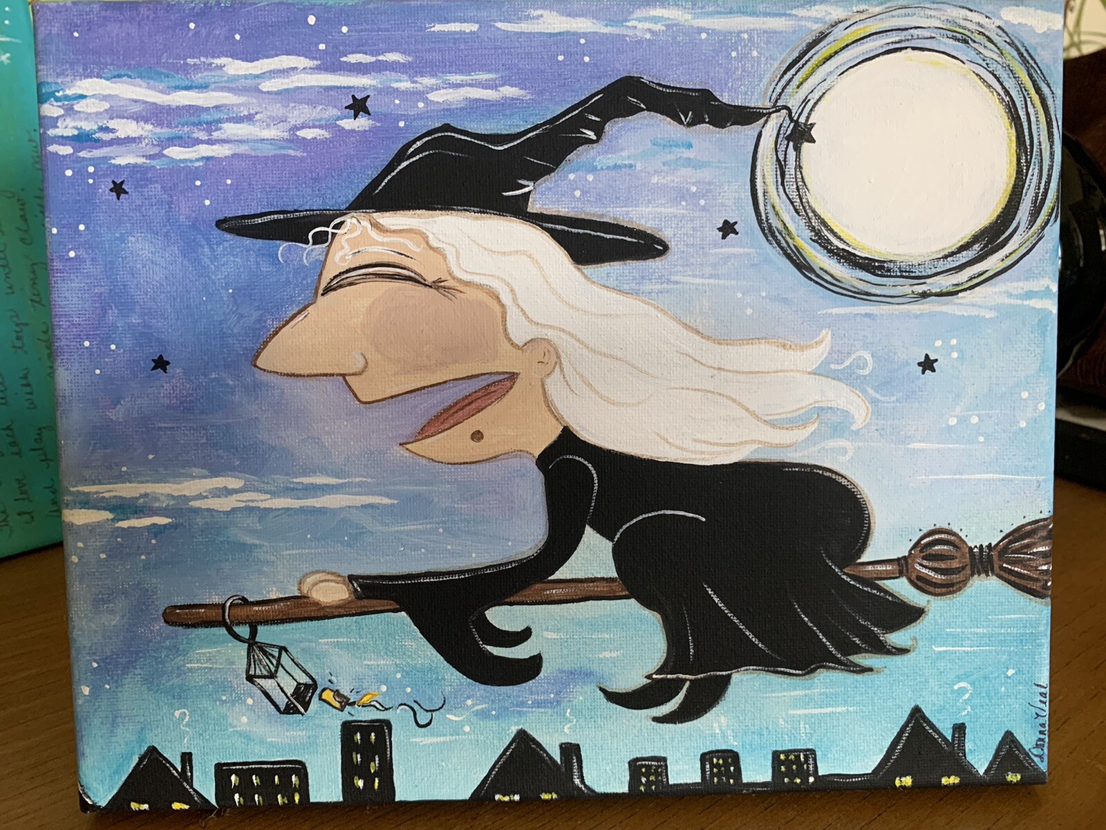 Witch In flight Canvas original painting Folk ART 8×10 Broom village Moon