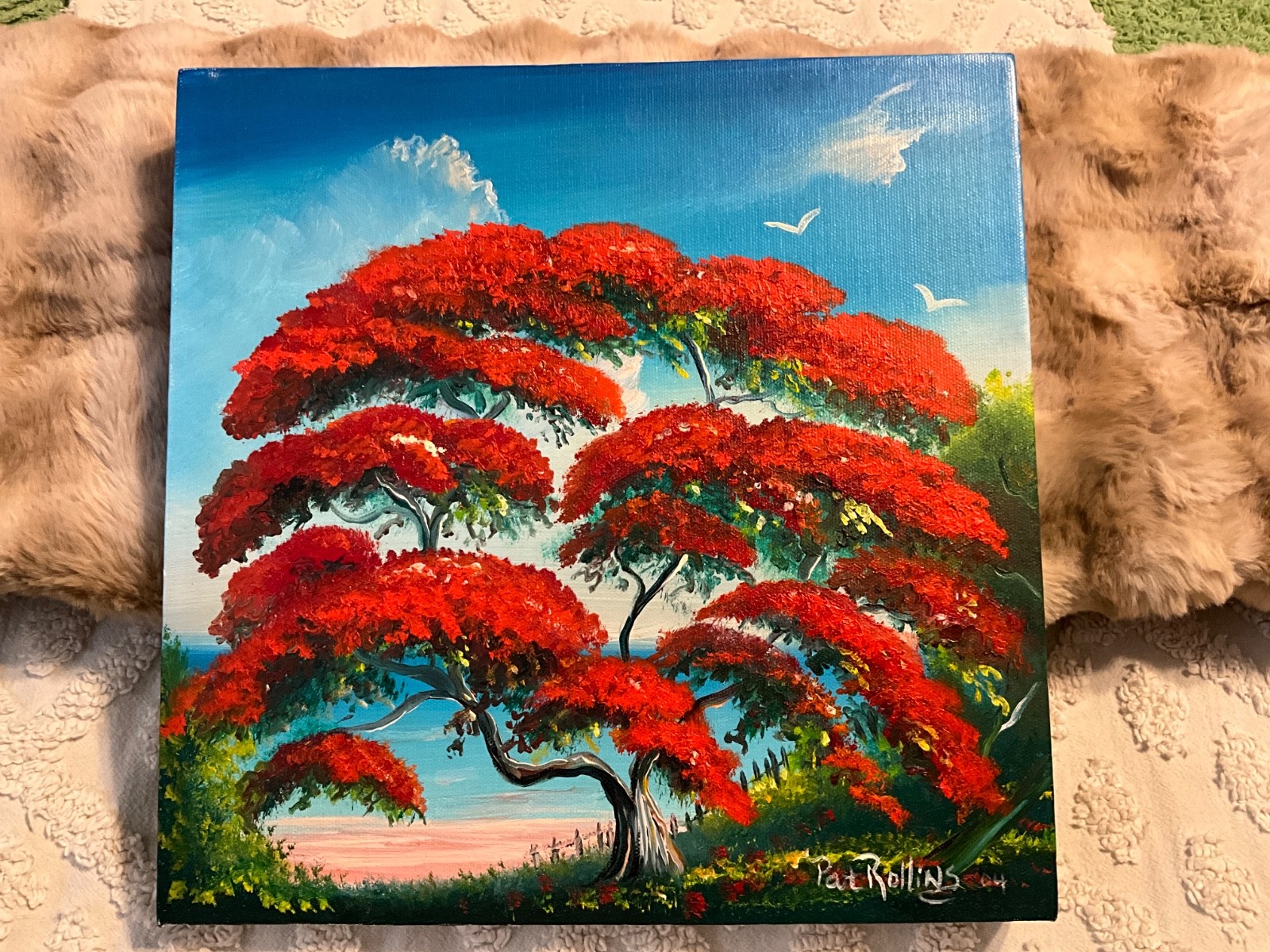 Pat Rollins FLORIDA HIGHWAYMEN STYLE PAINTING SIGNED Royal Poinciana on Canvas