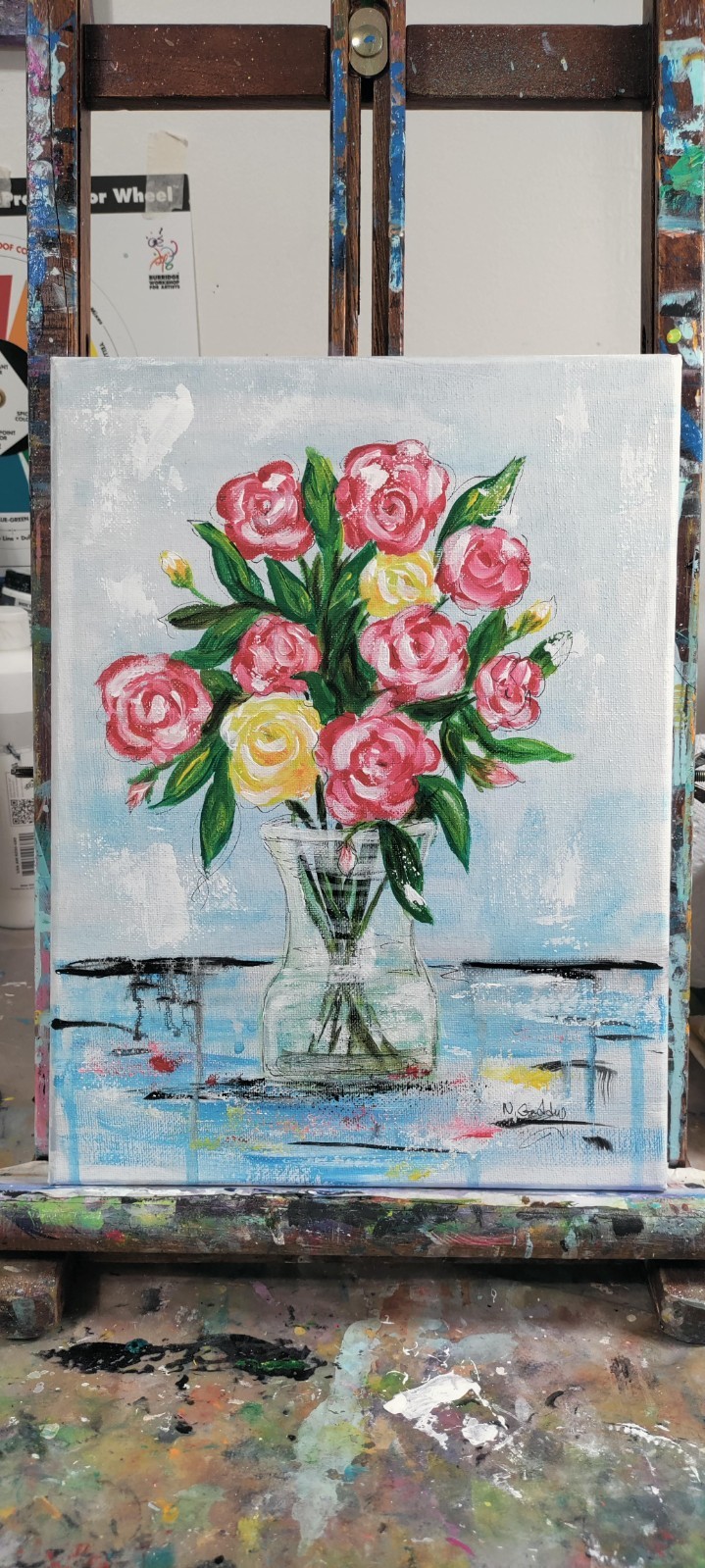 Original Expressionism 9 x 12 Roses in Vase Acrylic Canvas Painting
