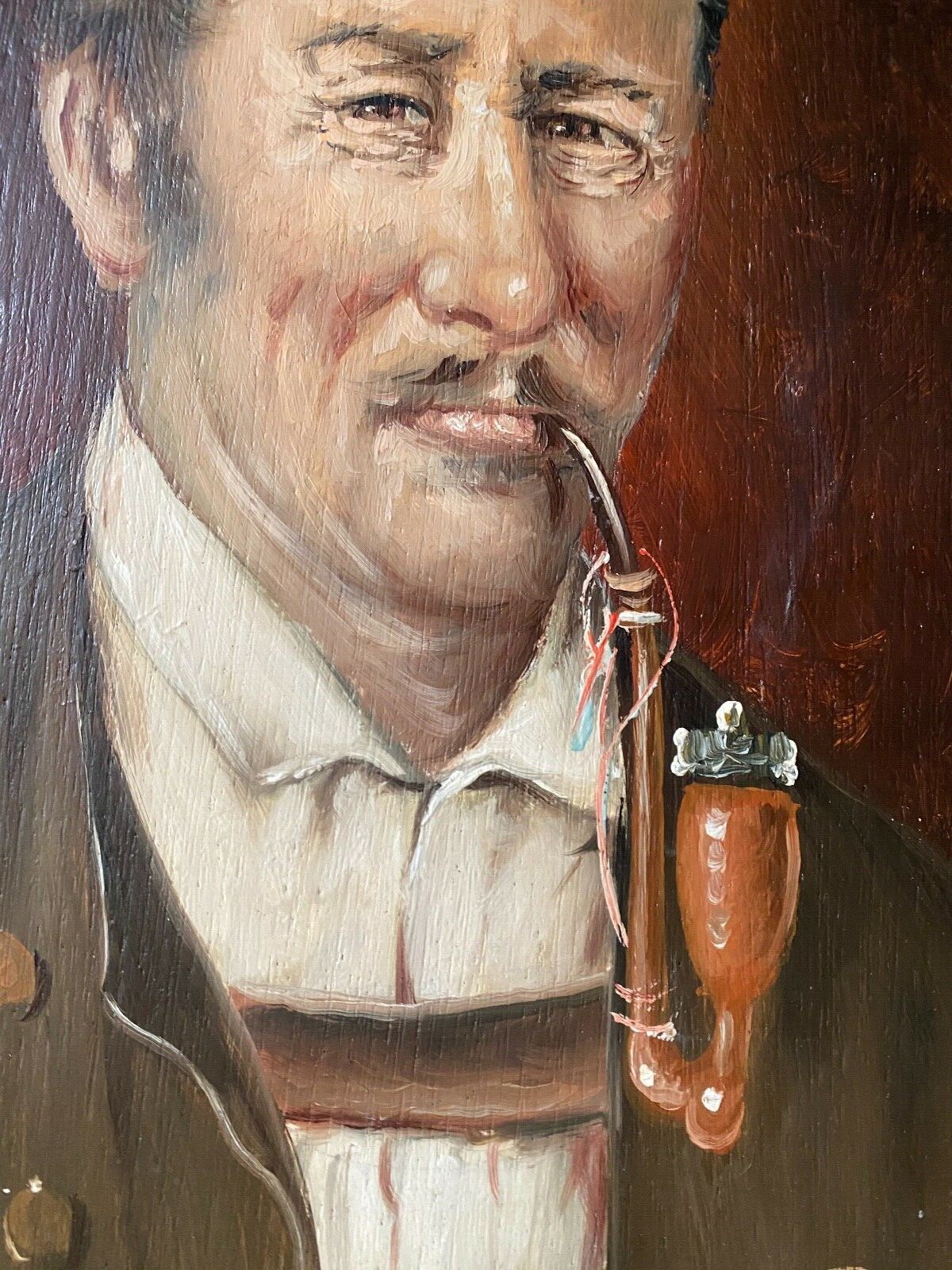 Portrait Pipe Smoker Antique Frame Signed – Loretta around 1940 Costume Hat Oil