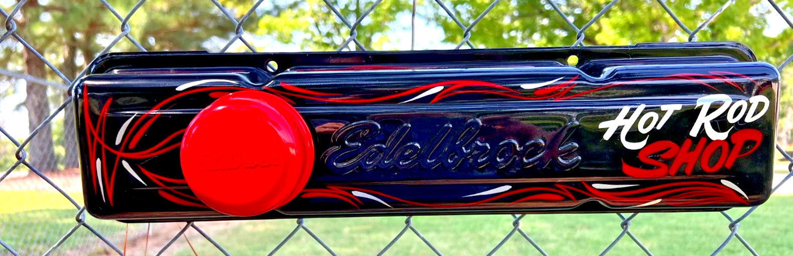 Vintage Hot Rod Shop Sign pinstriped Car Rat Rod Art on Edelbrock Valve Cover