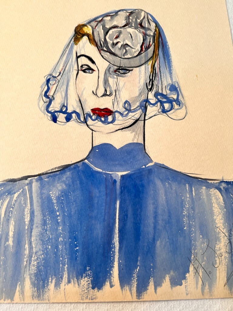 Watercolor Ladies Portrait Fashion Design 1940s Artist Original 11″ X 14″
