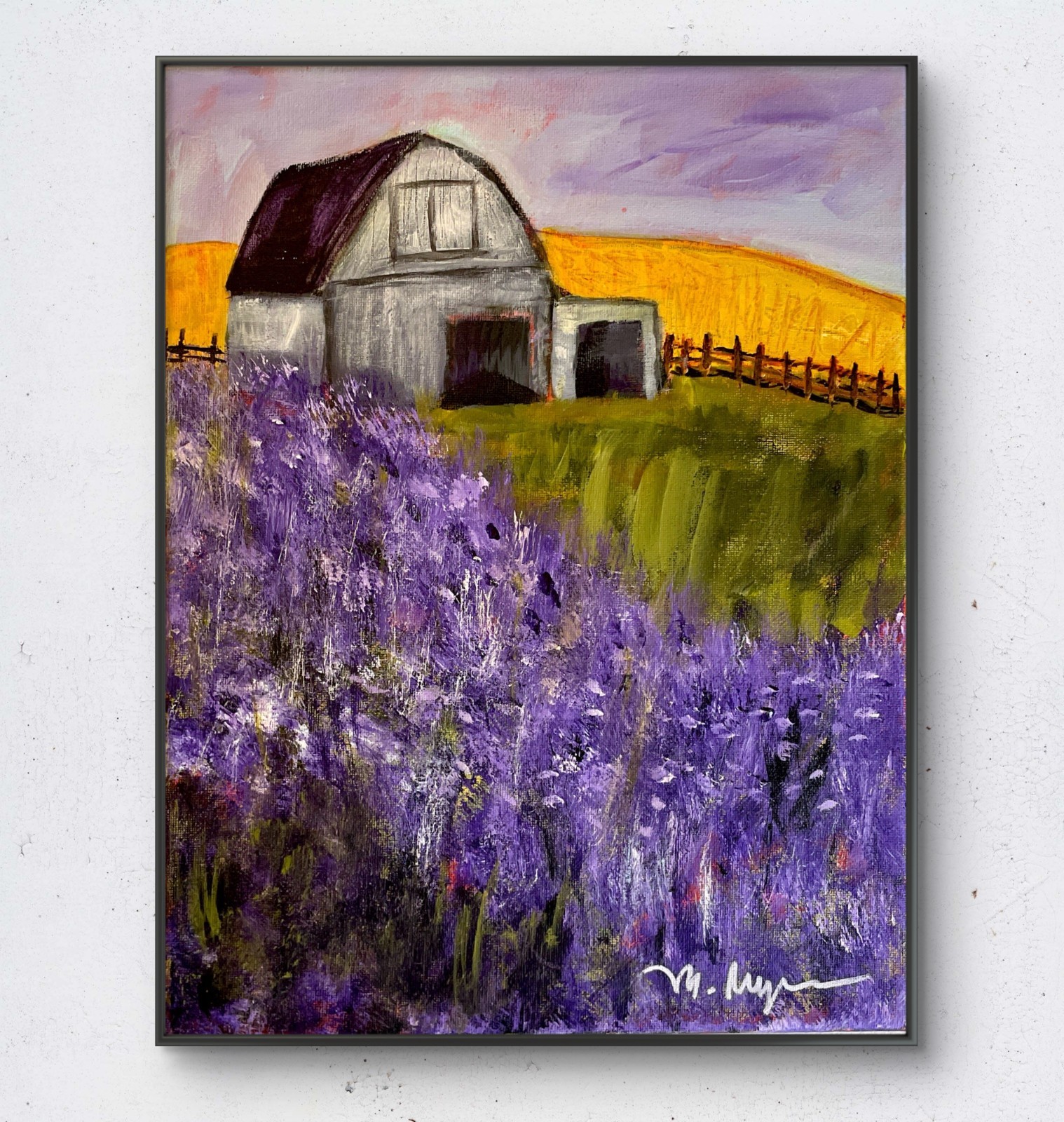 Mary Myers Original Lavender Barn Landscape Painting Purple Farm Art 16×12
