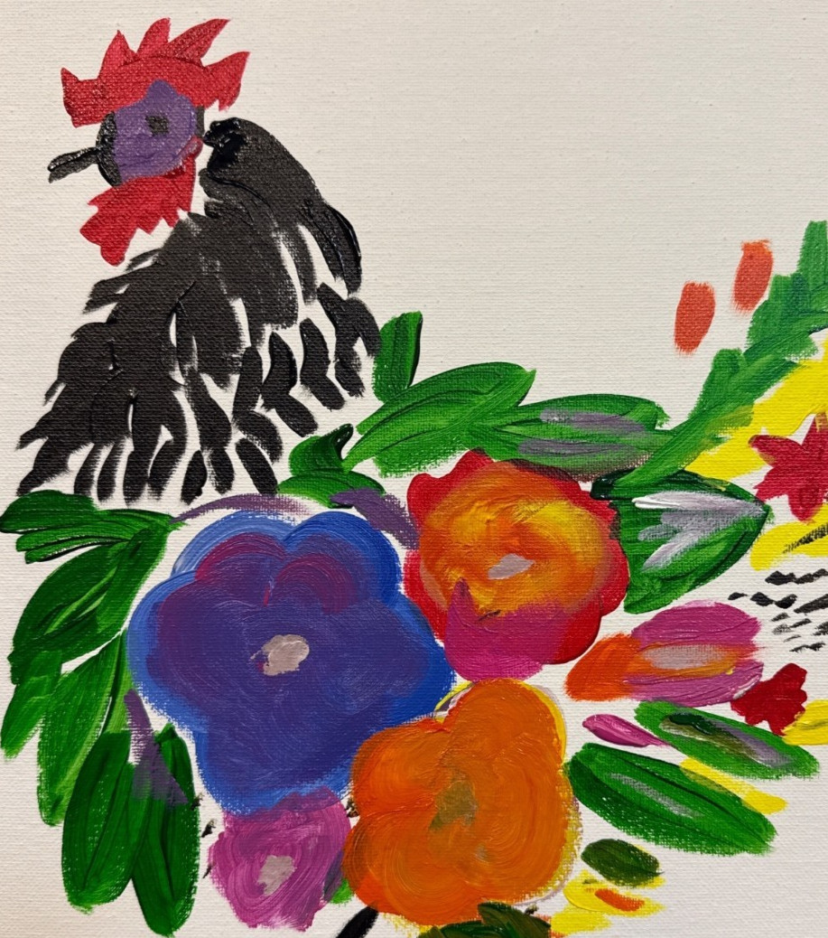 Rooster in Bloom Original 14×11 Modern Folk Art Painting Canvas Signed Decor
