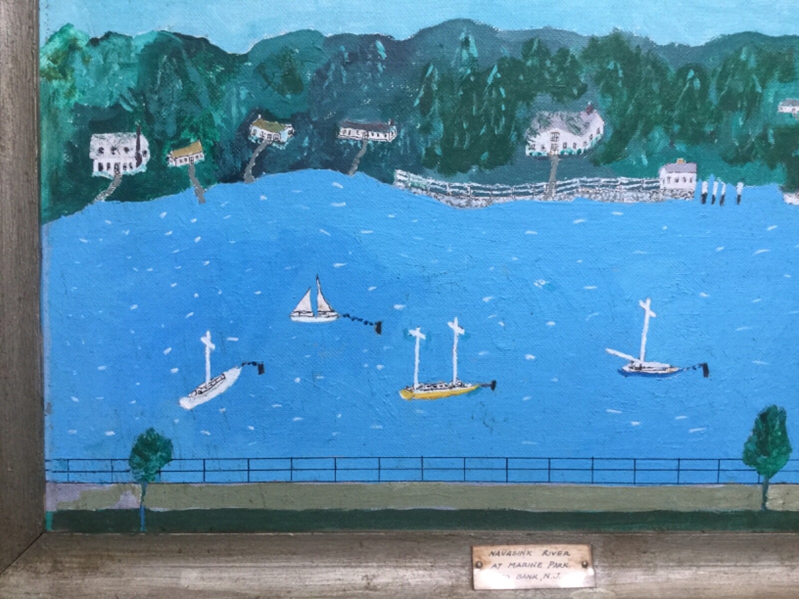 Fantastic Primitive Painting Navasink River at Marine Park Red Bank New Jersey !