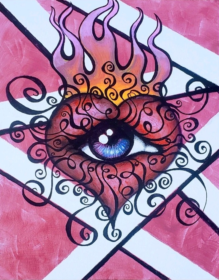 Abstract Contemporary Eye Painting on Canvas – Stylized Flames, Pink Background