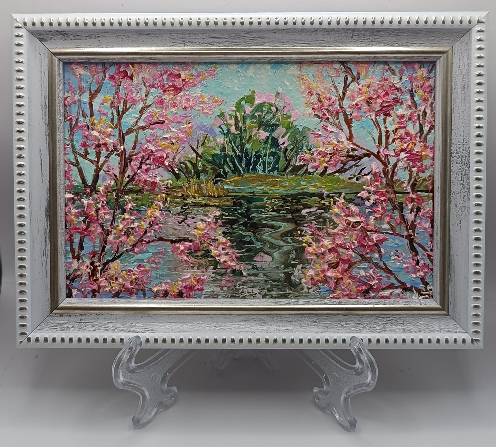 Original Pink Tree Painting Small White Framed River Pond Water Reflections Art