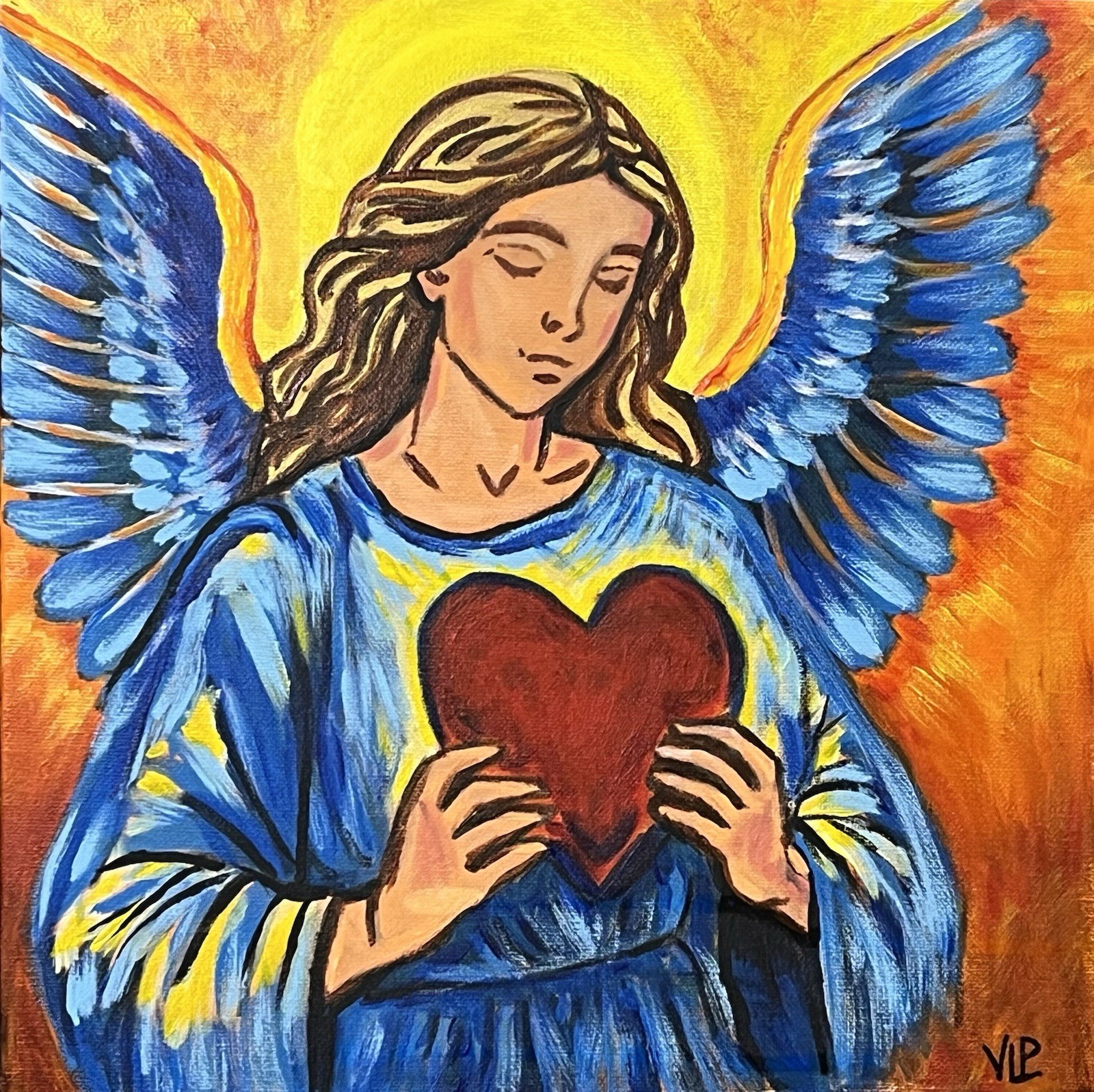 Angel Heart Spiritual Original Hand Painted Acrylic 12×12” Canvas Signed w/COA