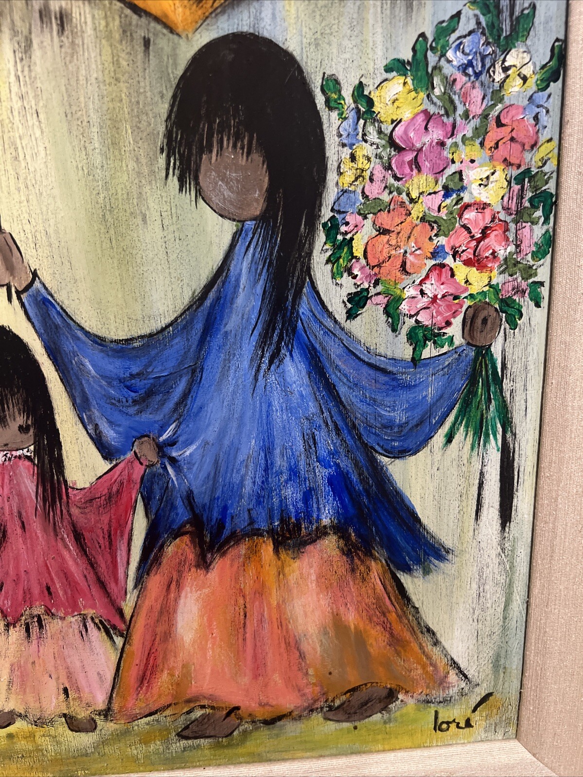 Rare Original Painting Signed By Lori Large Yellow Umbrella 3 Girls