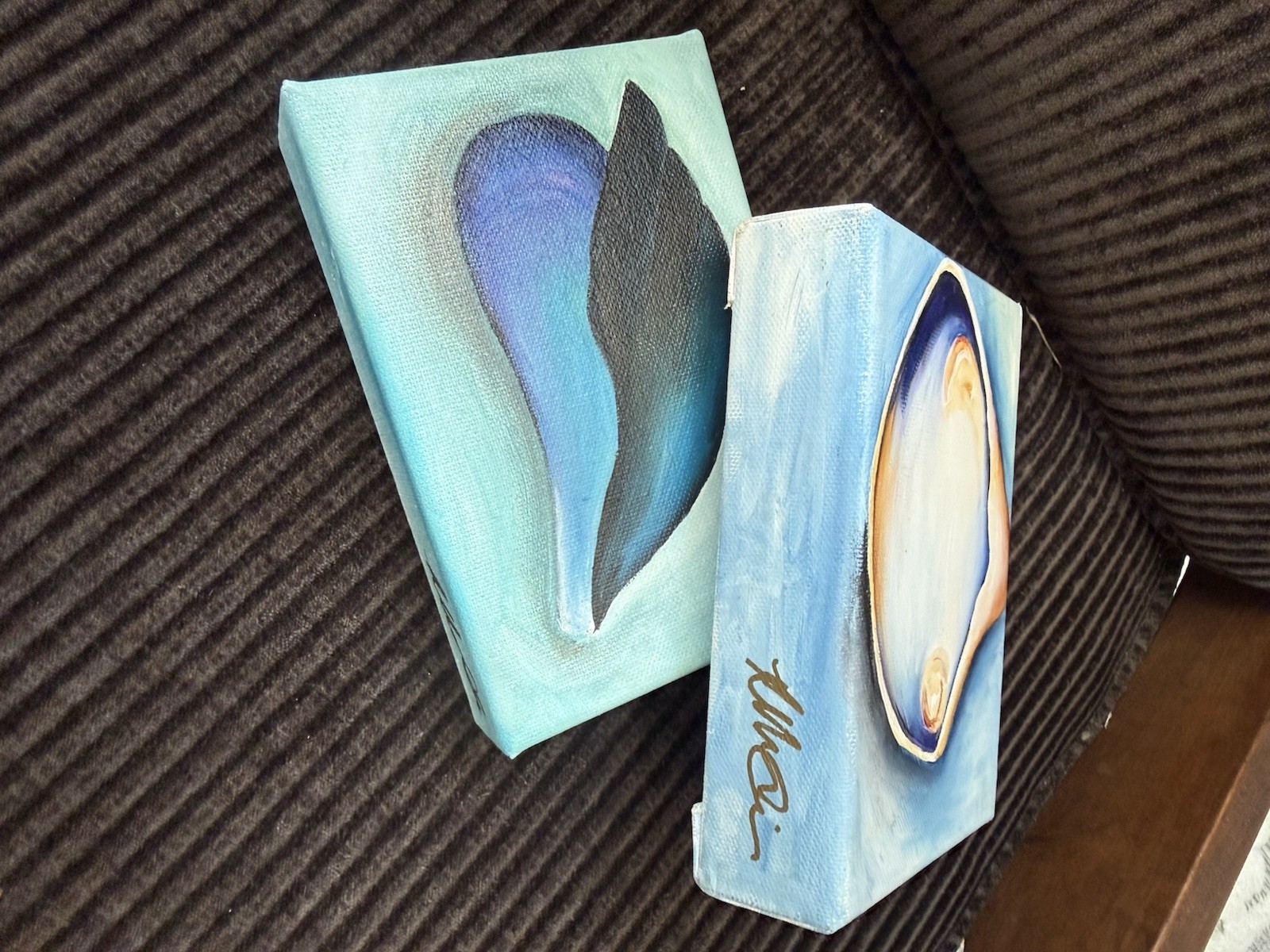 Original Acrylic Shell Paintings Set Contemporary Miniature Canvas Signed