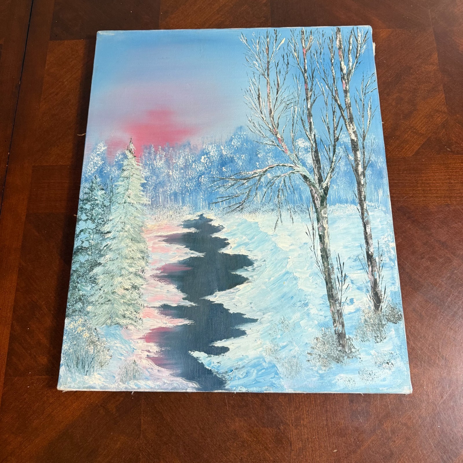 Original Winter Landscape Painting 12×16 Canvas Snow River Forest Art