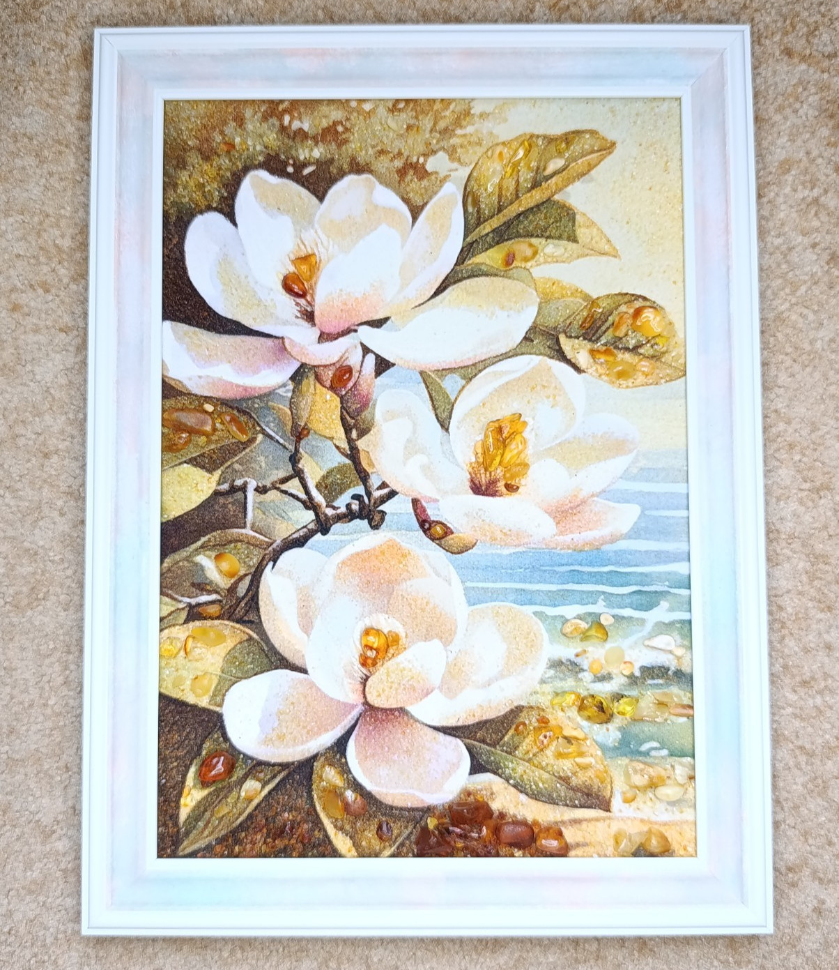Amber Painting Magnolia Blossom Natural Stones Handmade Art 25*34 cm