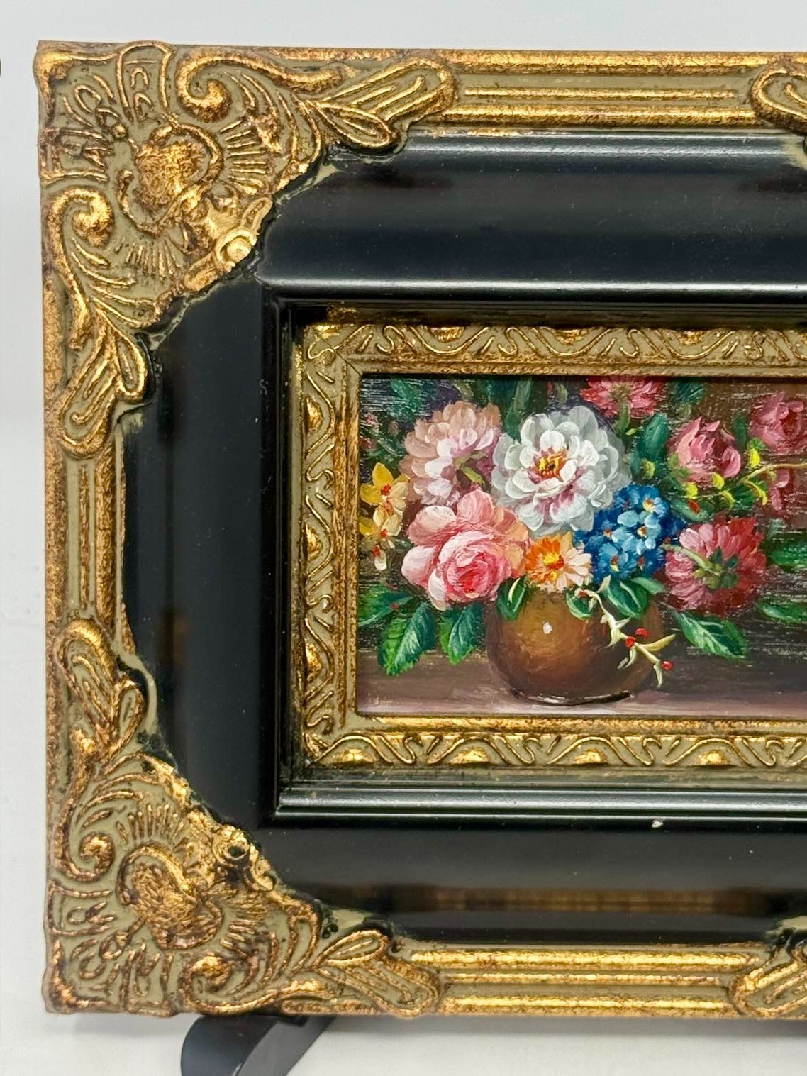 Vintage Mini Floral Still Life Painting Ornate Black Gold Frame 8×7