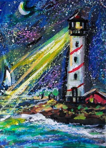 ORIGINAL ACEO Painting LIGHTHOUSE Night Stars Ocean Boats Waves Moon Sea ATC ART