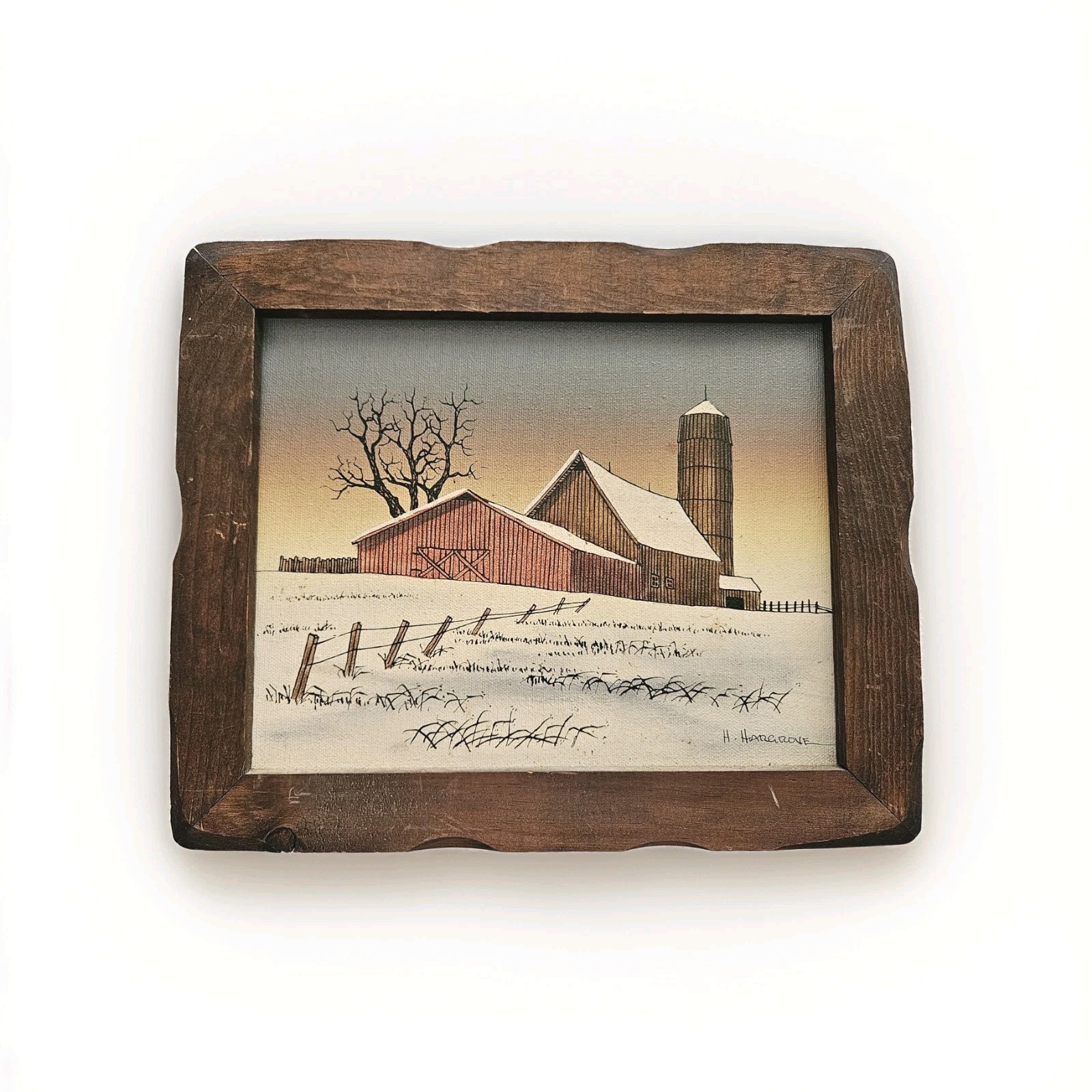 Original Oil On Canvas Red Barn In Snow Vtg Rustic Wood Frame Signed H Hargrove