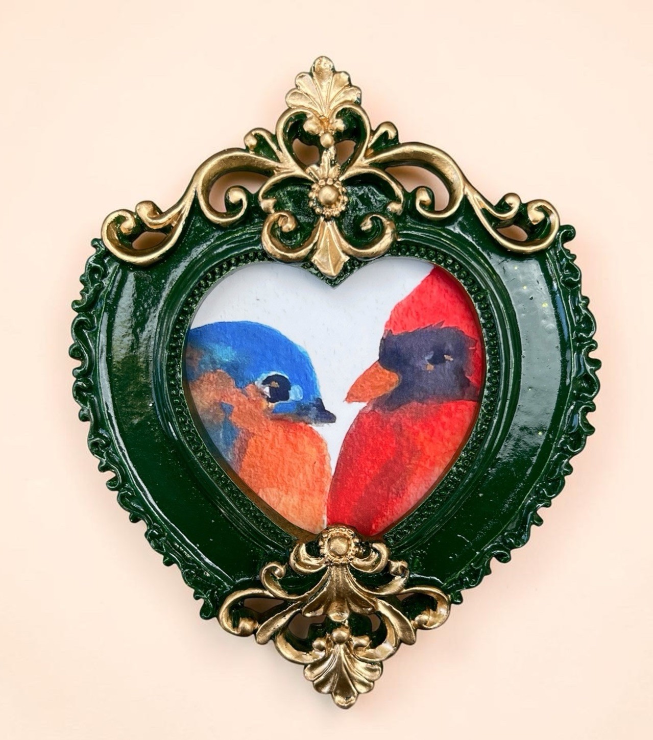 Bluebird & Cardinal mini bird print • Heart-shaped vintage style ornate frame