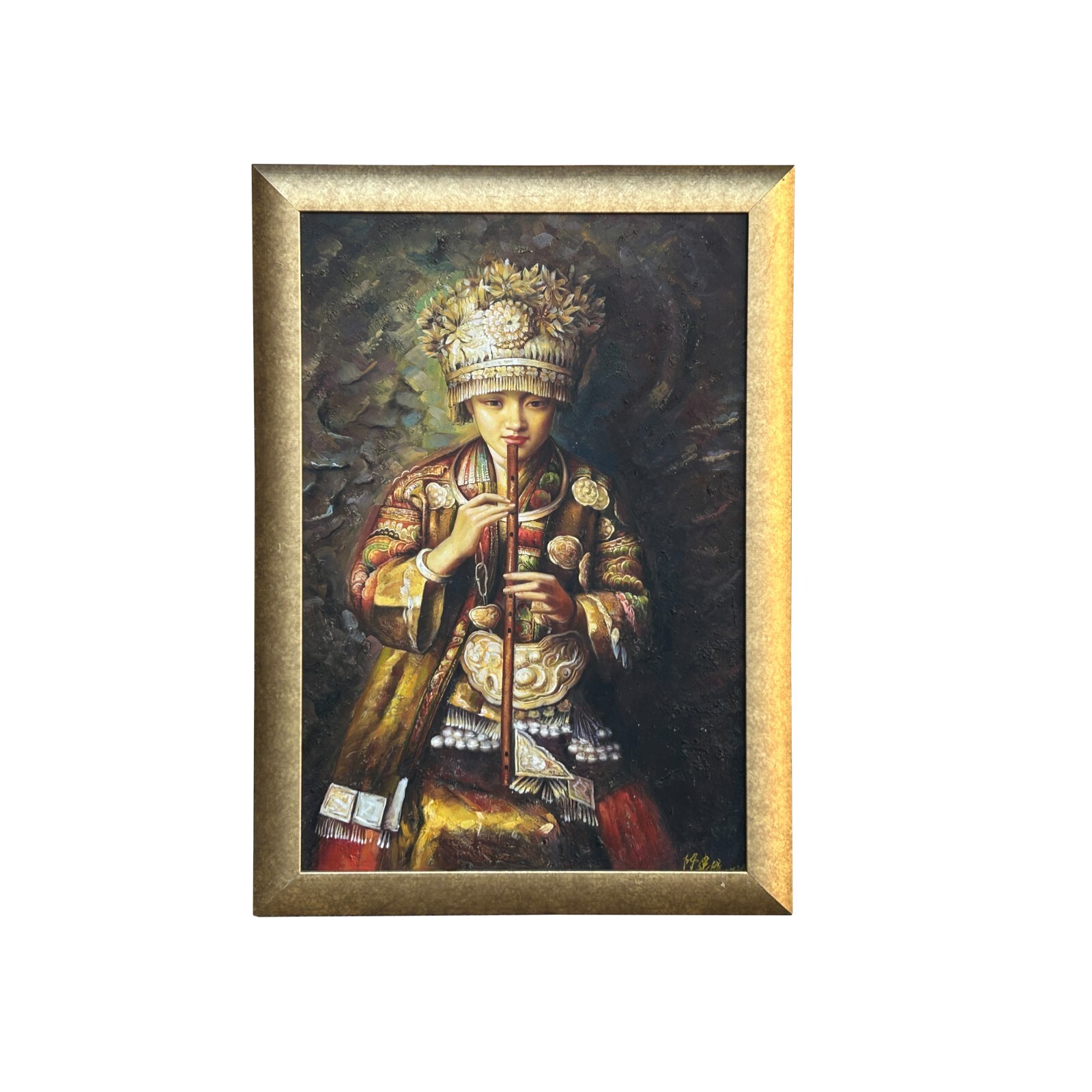Chinese Miao Tribal Dressing Lady Portrait Oil Painting Canvas Framed Art ws4296