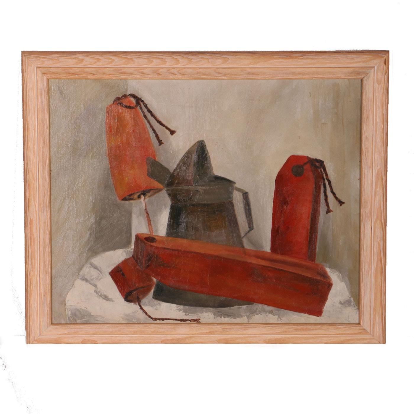 MCM SOCIAL REALISM STILL LIFE OIL ON CANVAS FRAMED PERIOD ORIG SIGNED PAINTING