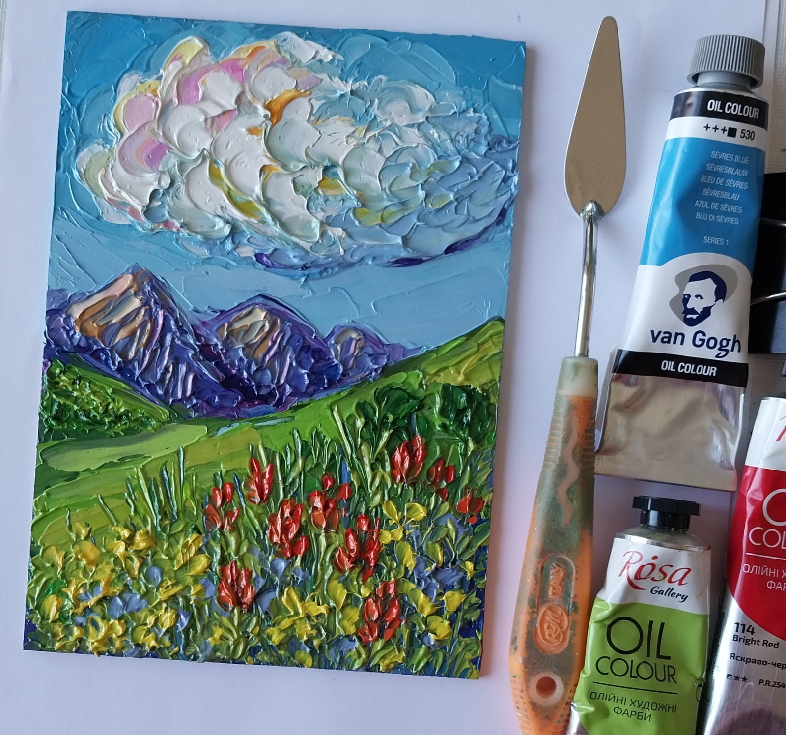 Framed Rocky Mountain Red Flowers Landscape 5×7” Impasto Oil Painting Original