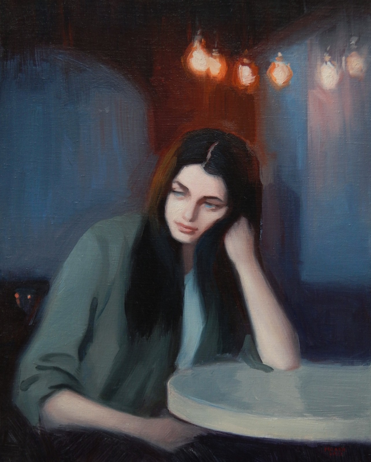 Original Oil Painting Girl in Cafe 20×16″ Signed 2022