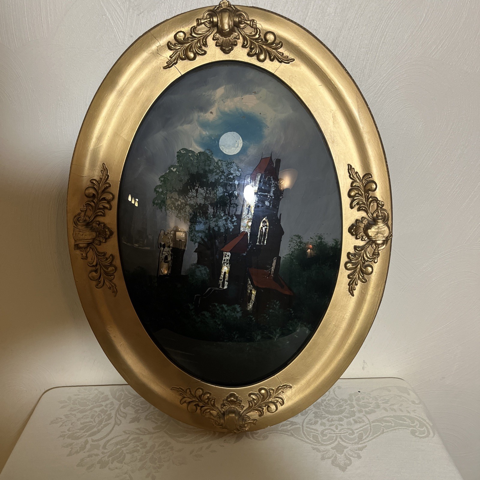 Antique Convex glass Reverse Painted Castle Oval Ornate Gold Frame 25” T 19” W