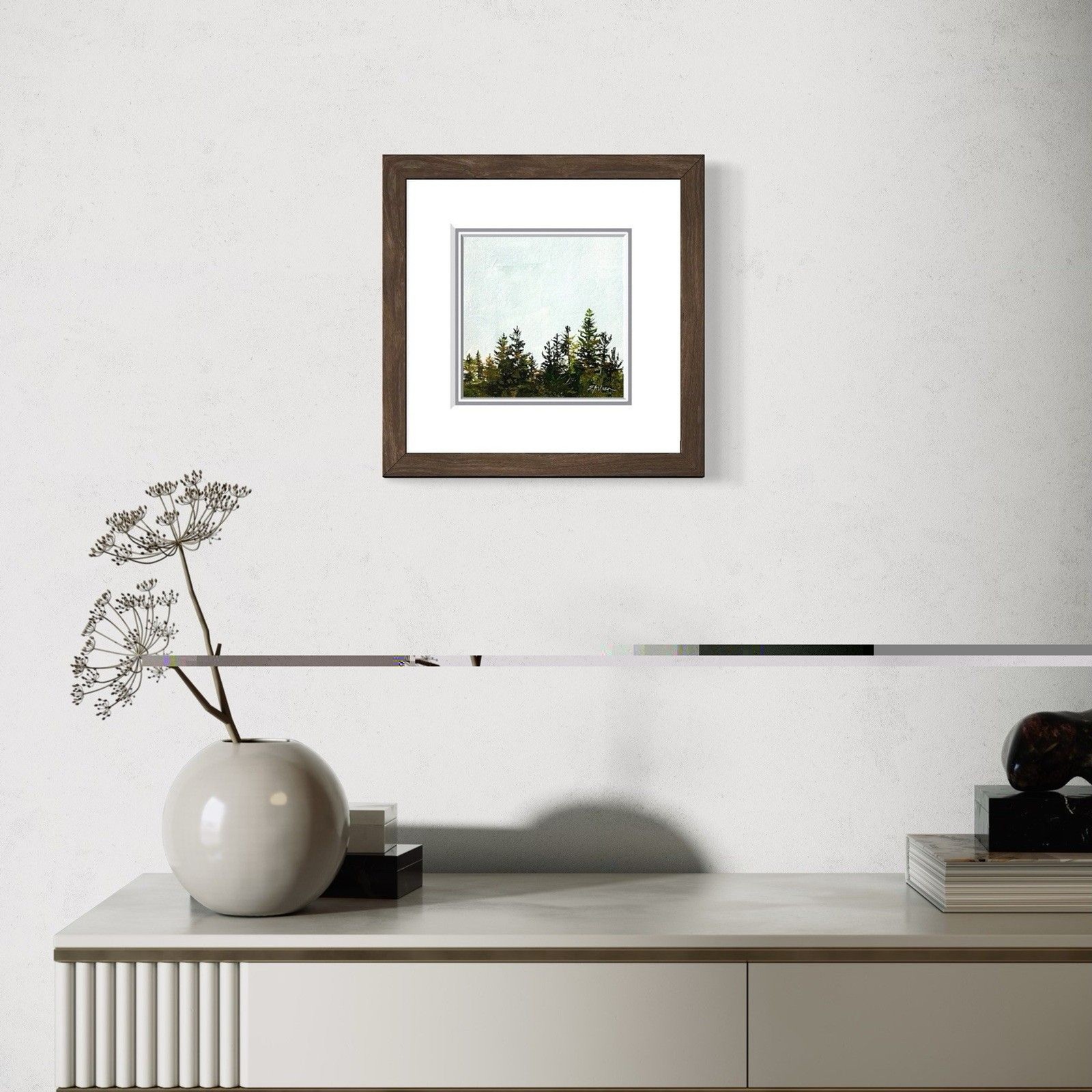 8×8 PNW Original Oil Painting Landscape Pine Trees Nature Forest Minimal Signed