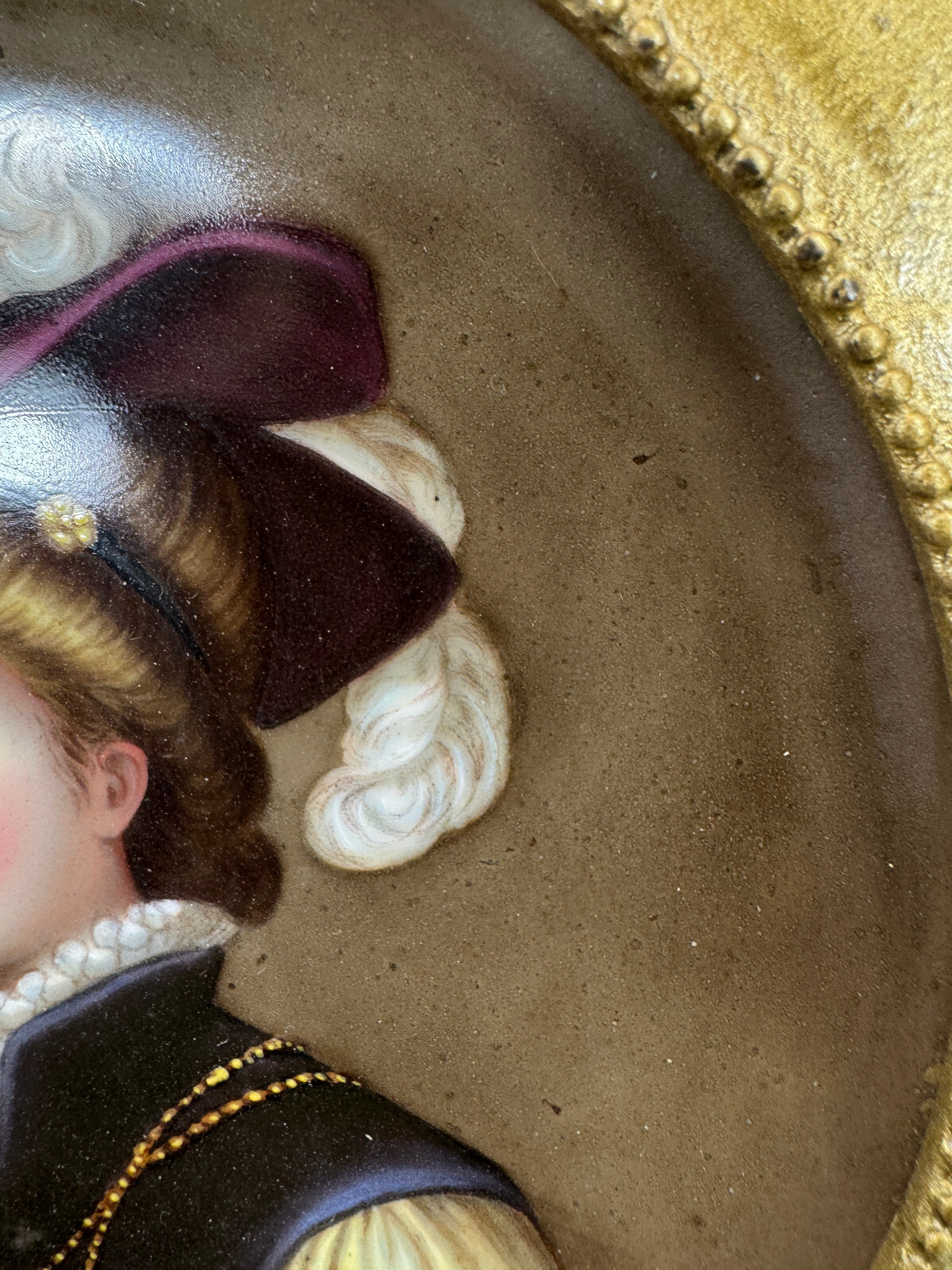 Hand Painted Porcelain Portrait Plaque in Ornate Gold Wood Frame