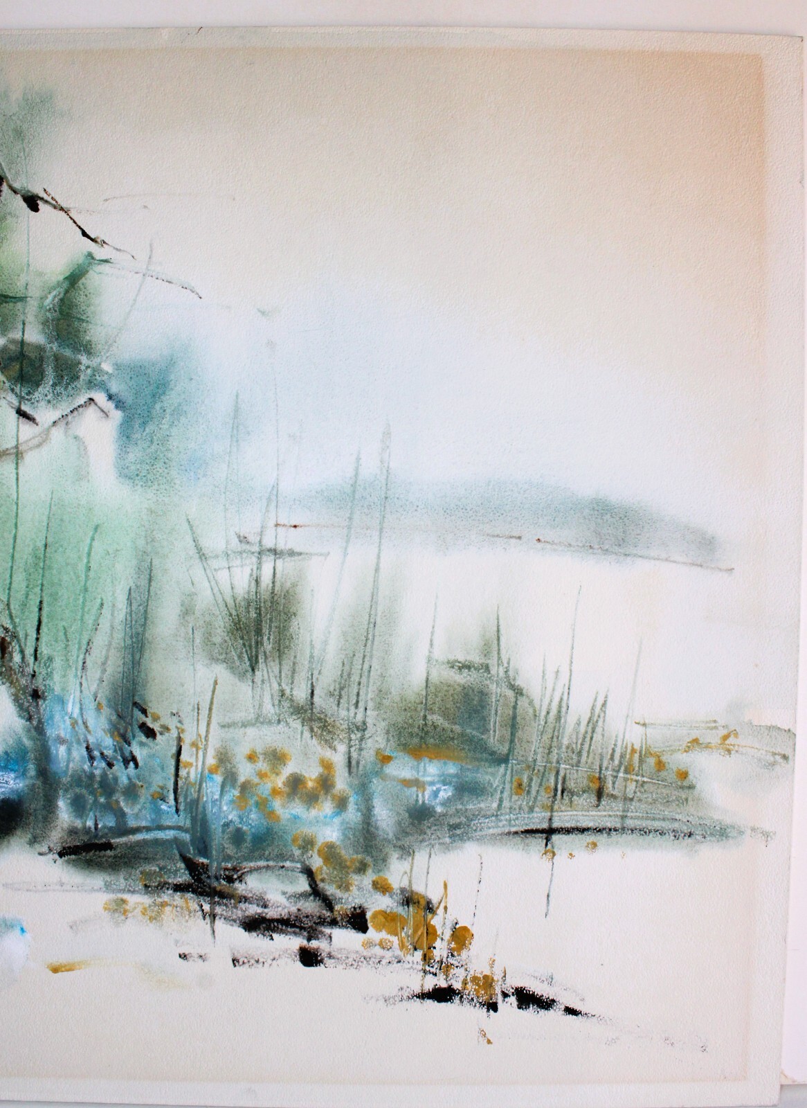 VINTAGE WATERCOLOR ON CARDBOARD SIGNED AND SEAL STAMP CHINESE ARTIST FARM HOUSE