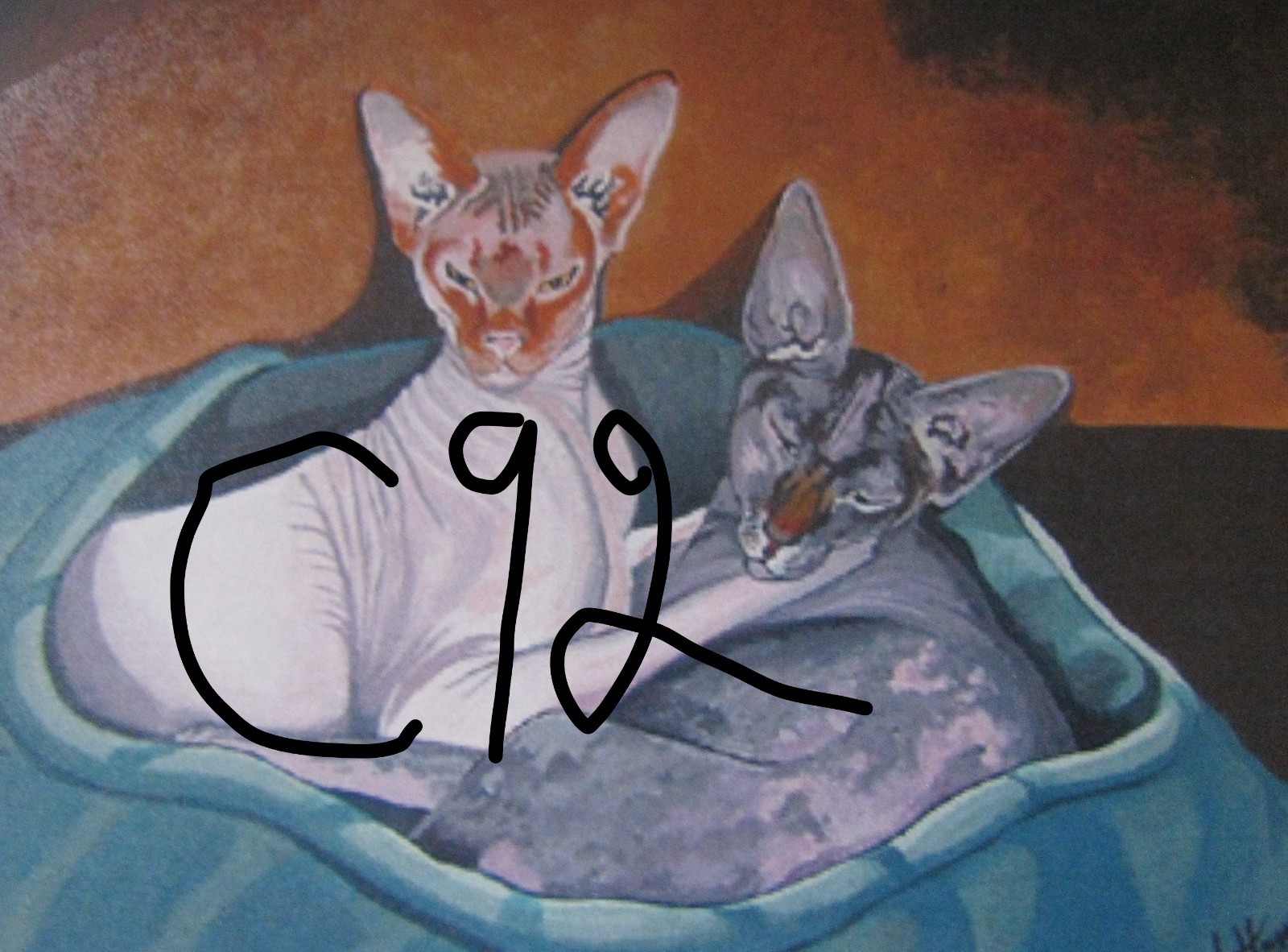 C92 ORIGINAL ACRYLIC PAINTING BY LJH «SMOOCHY & MONKEY» TWO SPHYNX CATS