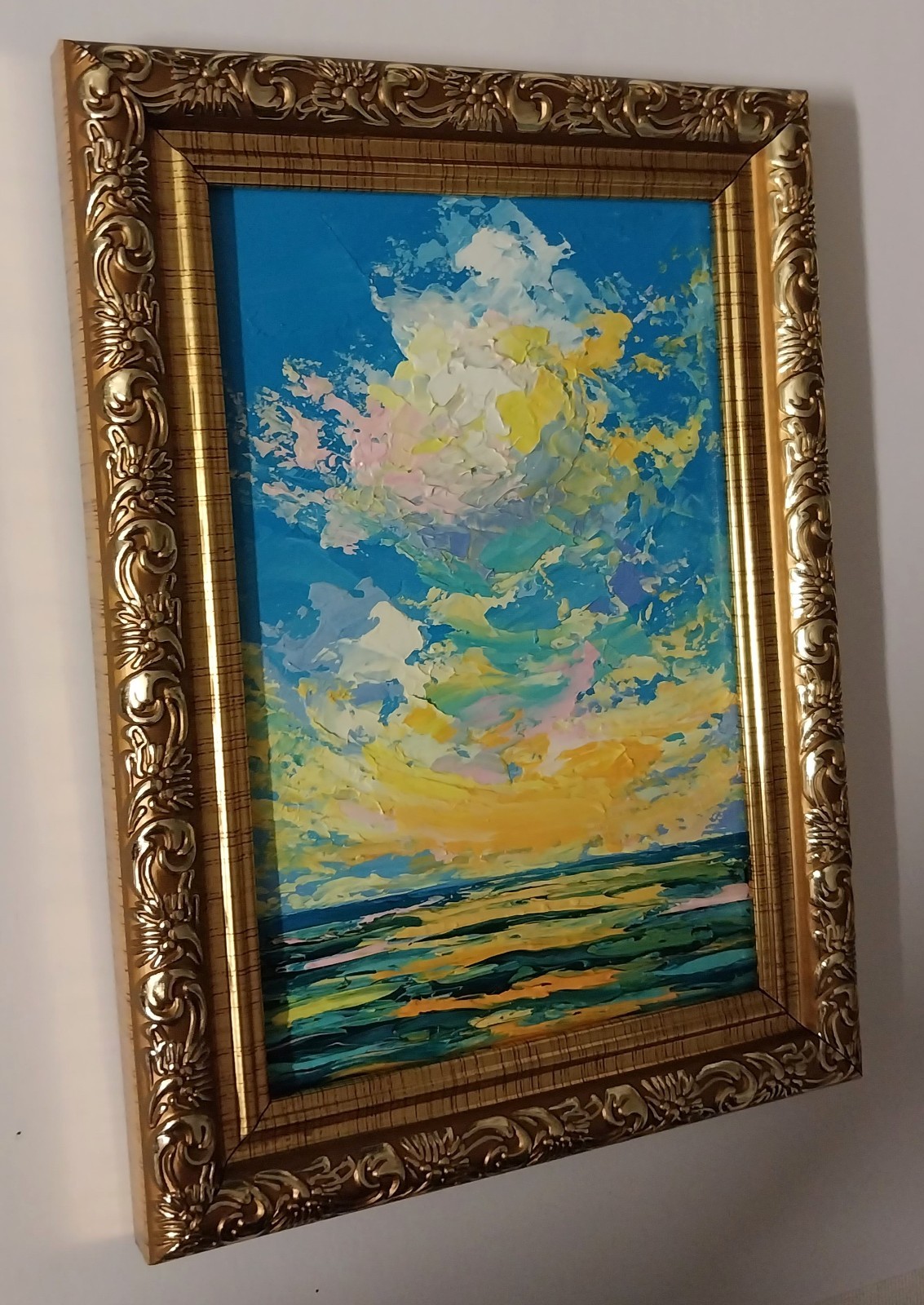 Framed Mini Seascape Golden Sunset Clouds Evening Sea 4×6” Original Oil Painting